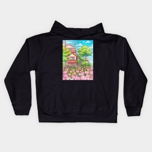 The cute Japanese landscape view with the traditional house, blue sky, and pink flowers. A great aesthetic  gift for those who love nature, Japan, anime and manga style Kids Hoodie